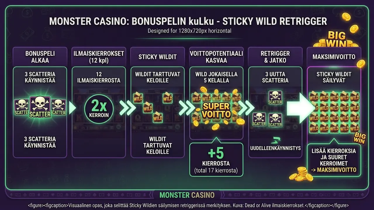 dead or alive ilmaiskierrokset ja sticky wild retrigger